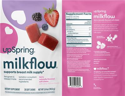 UpSpring MilkFlow Soft Chews Berry source label used in the packaging illustration