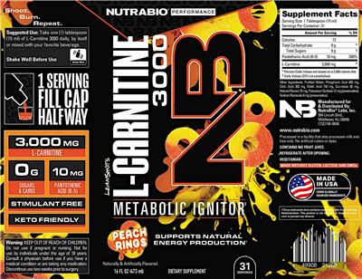 NutraBio Performance Leanshots L-Carnitine 3000 Peach Rings source label used in the packaging illustration