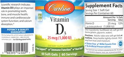 Carlson Vitamin D3 25 mcg (1000 IU) source label used in the packaging illustration