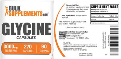 BulkSupplements.com Glycine Capsules 3000 mg source label used in the packaging illustration