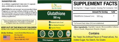 Biotech Nutritions Glutathione 500 mg source label used in the packaging illustration
