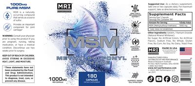 MRI Performance MSM 1000 mg source label used in the packaging illustration