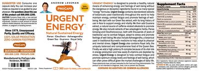 ProCaps Laboratories Urgent Energy source label used in the packaging illustration