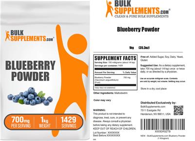 BulkSupplements.com Blueberry Powder 700 mg source label used in the packaging illustration
