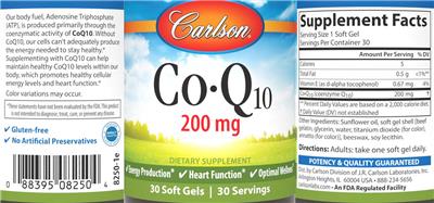 Carlson Co-Q10 200 mg source label used in the packaging illustration