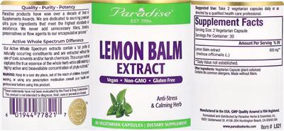 Paradise Lemon Balm Extract source label used in the packaging illustration