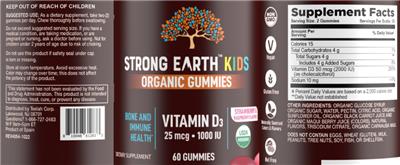 Strong Earth Kids Vitamin D3 25 mcg 1000 IU source label used in the packaging illustration