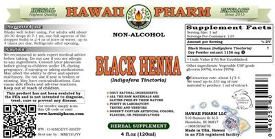 Hawaii Pharm Black Henna Non-Alcohol source label used in the packaging illustration