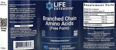 Life Extension Branched Chain Amino Acids (Free Form) source label used in the packaging illustration