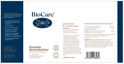BioCare Everyday BioAcidophilus source label used in the packaging illustration