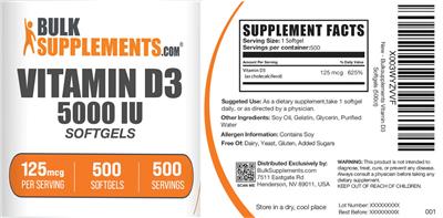 BulkSupplements.com Vitamin D3 5000 IU 125 mcg product packaging
