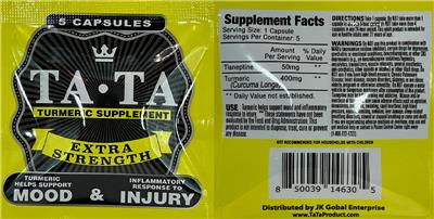 Ta-Ta Turmeric Supplement Extra Strength source label used in the packaging illustration