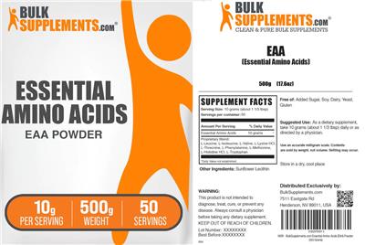 BulkSupplements.com Essential Amino Acids EAA Powder 10 g source label used in the packaging illustration
