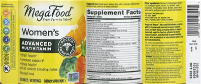 MegaFood Women's Advanced Multivitamin source label used in the packaging illustration