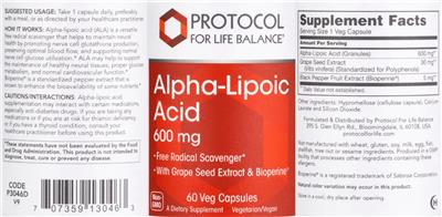 Protocol For Life Balance Alpha-Lipoic Acid 600 mg source label used in the packaging illustration