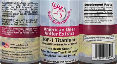 Aspen Antler Research IGF-1 Titanium 100 mg source label used in the packaging illustration