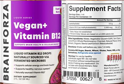 Brain Forza Vegan+ Vitamin B12 Super Berry source label used in the packaging illustration