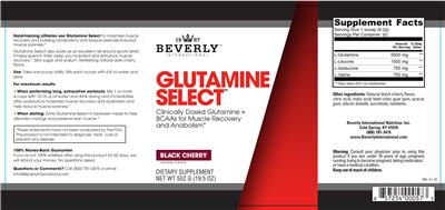 Beverly International Glutamine Select Black Cherry source label used in the packaging illustration