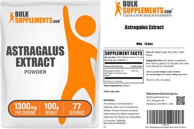 BulkSupplements.com Astragalus Extract Powder 1300 mg source label used in the packaging illustration