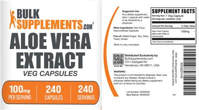 BulkSupplements.com Aloe Vera Extract 100 mg Veg Capsules source label used in the packaging illustration