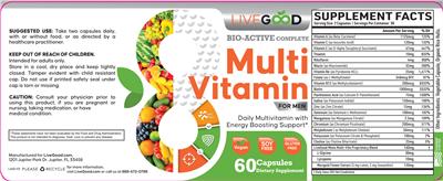 LiveGood Bio-Active Complete Multi Vitamin for Men source label used in the packaging illustration
