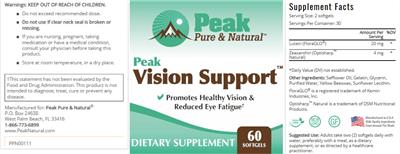 Peak Pure & Natural Peak Vision Support source label used in the packaging illustration