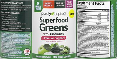 Purely Inspired Superfood Greens with Probiotics source label used in the packaging illustration
