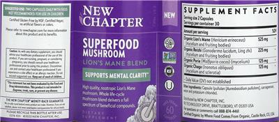 New Chapter Superfood Mushroom Lion's Mane Blend source label used in the packaging illustration