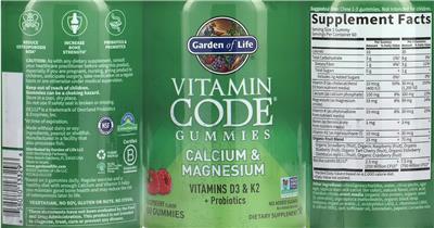 Garden of Life Vitamin Code Gummies Calcium & Magnesium Raspberry Flavor source label used in the packaging illustration