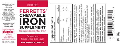 Pharmics Ferretts Chewable Iron Supplement 18 mg Natural Lemon-Lime Flavor source label used in the packaging illustration