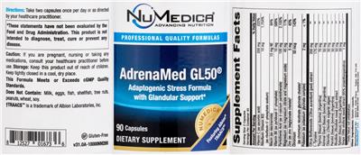 NuMedica AdrenaMed GL50 source label used in the packaging illustration