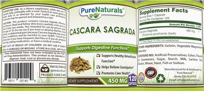 Pure Naturals Cascara Sagrada 450 mg source label used in the packaging illustration