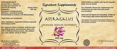 Signature Supplements Astragalus 400 mg source label used in the packaging illustration