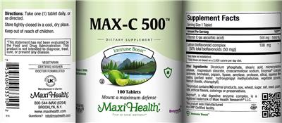 Maxi Health Max-C 500 source label used in the packaging illustration