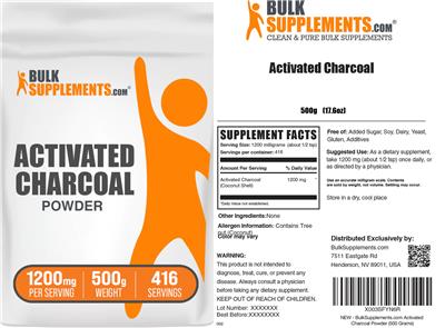 BulkSupplements.com Activated Charcoal Powder 1200 mg source label used in the packaging illustration