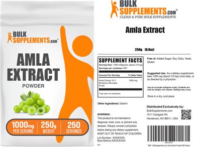 BulkSupplements.com Amla Extract Powder 1000 mg source label used in the packaging illustration