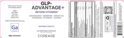 Codeage GLP-Advantage+ source label used in the packaging illustration