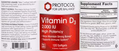 Protocol For Life Balance High Potency Vitamin D3 2000 IU source label used in the packaging illustration
