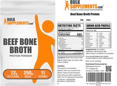 BulkSupplements.com Beef Bone Broth Protein Powder 22 g source label used in the packaging illustration