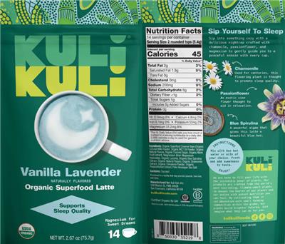 Kuli Kuli Organic Superfood Latte Vanilla Lavender product packaging