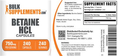 BulkSupplements.com Betaine HCl Capsules 750 mg source label used in the packaging illustration