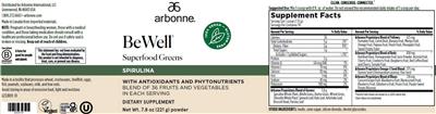 Arbonne BeWell Superfood Greens Spirulina source label used in the packaging illustration