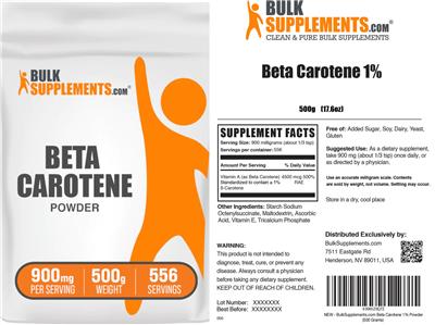 BulkSupplements.com Beta Carotene 1% Powder 900 mg source label used in the packaging illustration