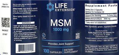 Life Extension MSM 1000 mg product packaging
