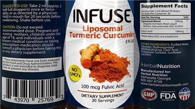 Herbal Nutrition Infuse Liposomal Turmeric Curcumin source label used in the packaging illustration