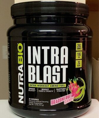 NutraBio Intra Blast Dragonfruit Candy source label used in the packaging illustration