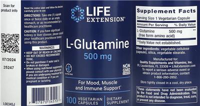 Life Extension L-Glutamine 500 mg product packaging