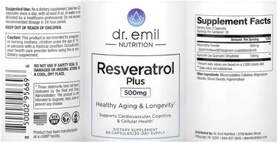Dr. Emil Nutrition Resveratrol Plus 500 mg source label used in the packaging illustration