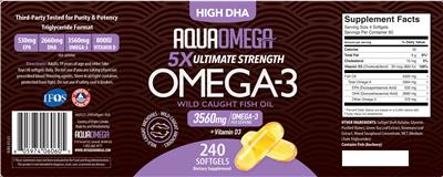 AquaOmega High DHA Omega-3 3560 mg source label used in the packaging illustration