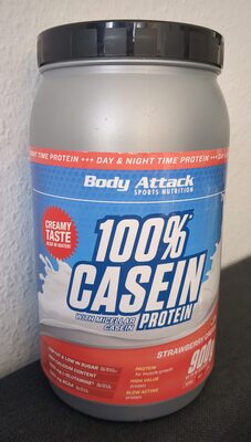 Body Attack Sports Nutrition 100% Casein Protein Strawberry Cream source label used in the packaging illustration